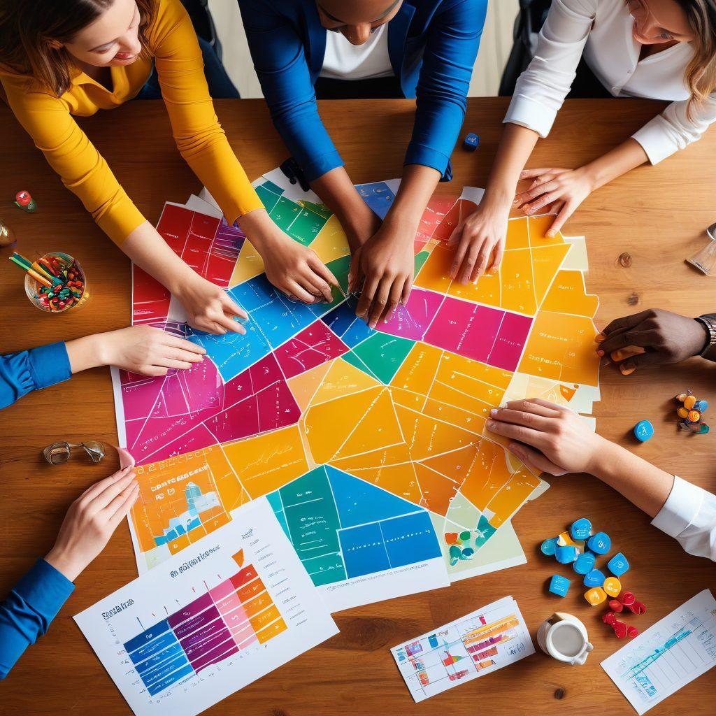 A diverse group of people joyfully collaborating around a large table filled with charts, piggy banks, and growth graphs. The scene should radiate positivity and excitement about investing, with bright colors symbolizing wealth and success. Include elements that represent community and teamwork, like interconnected hands or linked hearts. A vibrant, sunlit backdrop to emphasize hope and prosperity. super-realistic. colorful. dynamic.