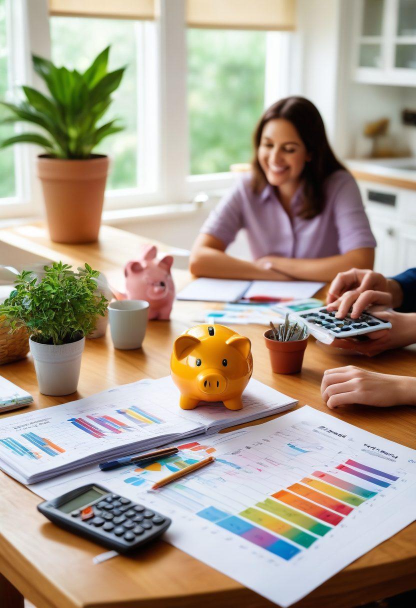 A serene family gathered around a bright, well-lit kitchen table, happily discussing financial plans with colorful charts and a calculator visible. Symbolic elements like a growing plant representing financial growth and a piggy bank adorned with cheerful designs in the background. The atmosphere is warm and inviting, showcasing balance, joy, and teamwork in money management. super-realistic. vibrant colors. soft lighting.