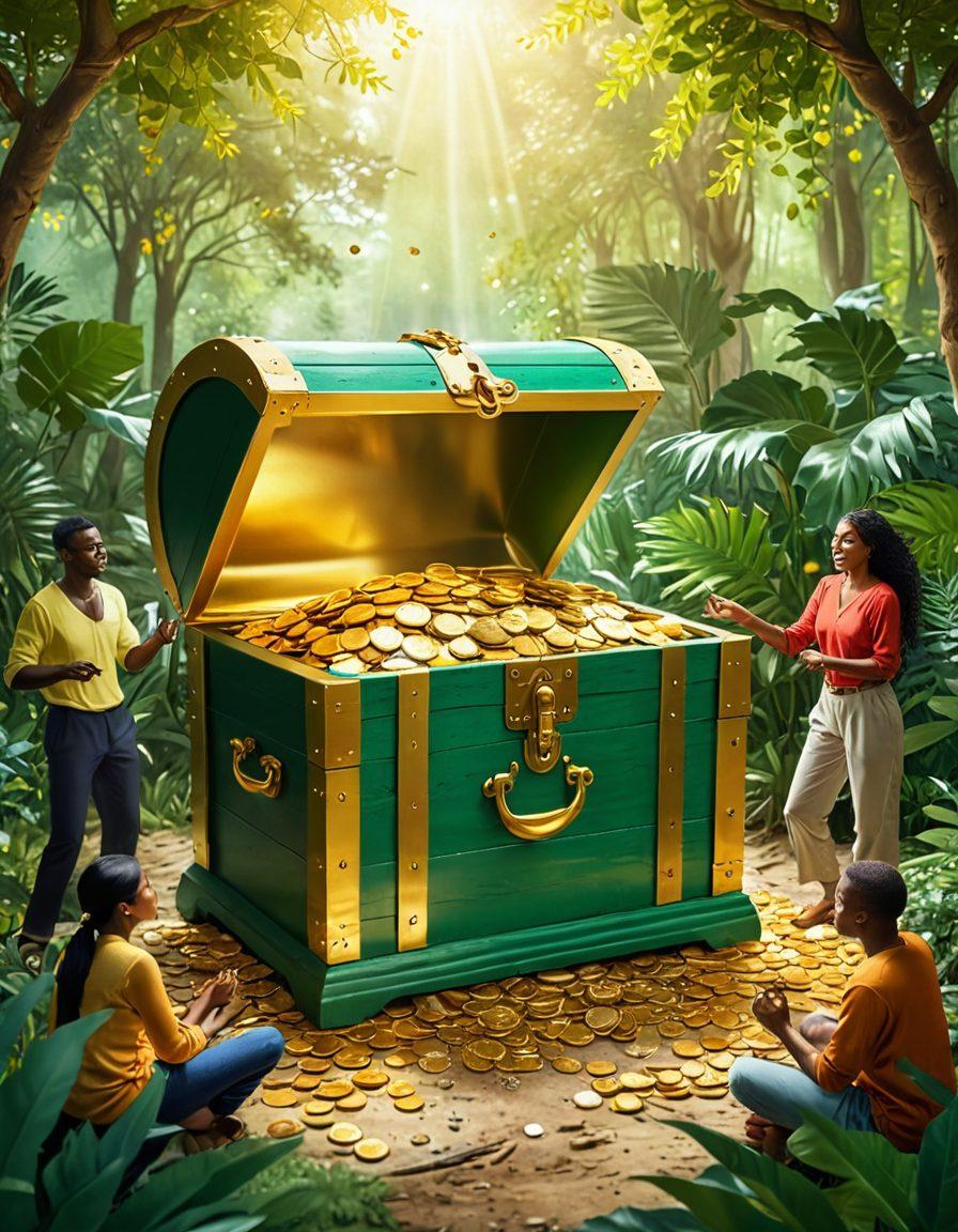 A vibrant treasure chest overflowing with gold coins and sparkling jewels, symbolizing wealth creation. Surrounding the chest, diverse people of different backgrounds joyfully collaborating, exchanging ideas and strategies. Bright light illuminating the scene to convey positivity and hope on their financial journey. In the background, a lush green landscape representing growth and prosperity. paint style. vibrant colors. digital art.